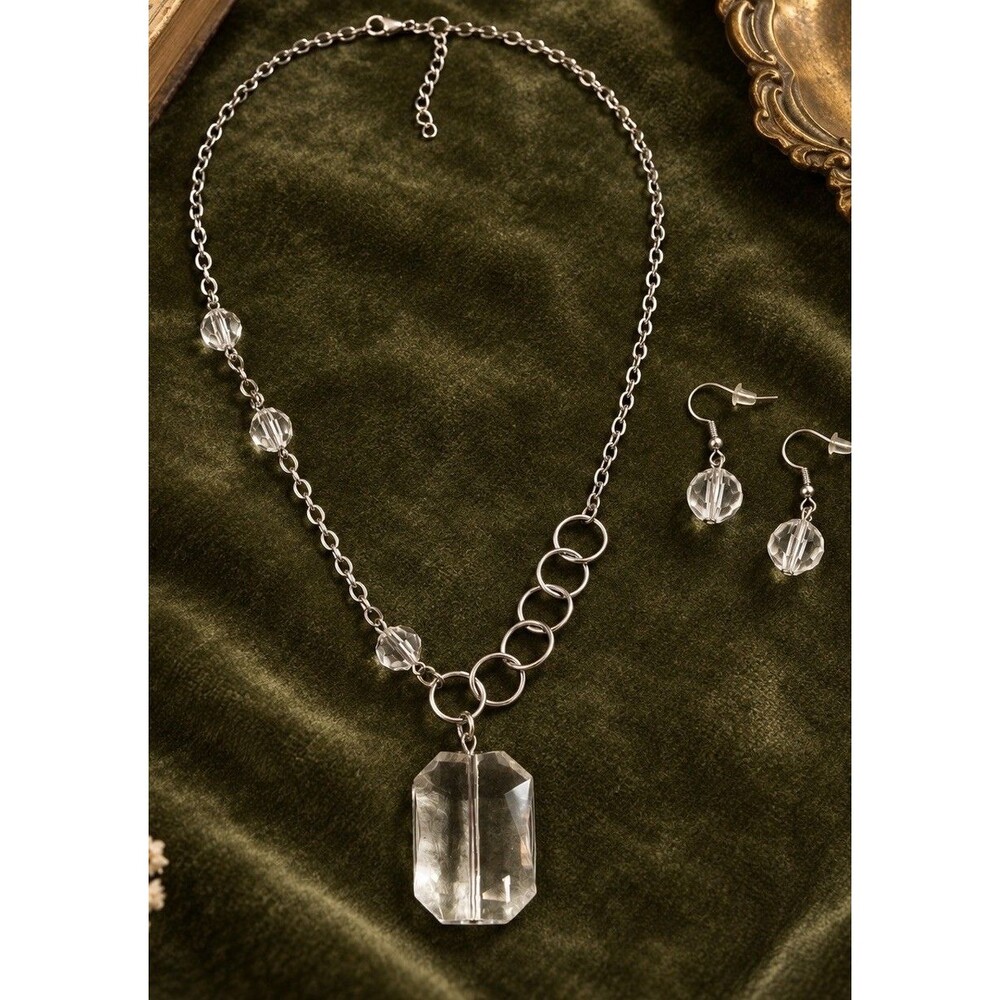 Y2K Silver Tone Clear Lucite Pendant Necklace Earrings Set Asymmetrical